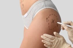 Person marking skin before non-surgical cosmetic procedure on buttocks